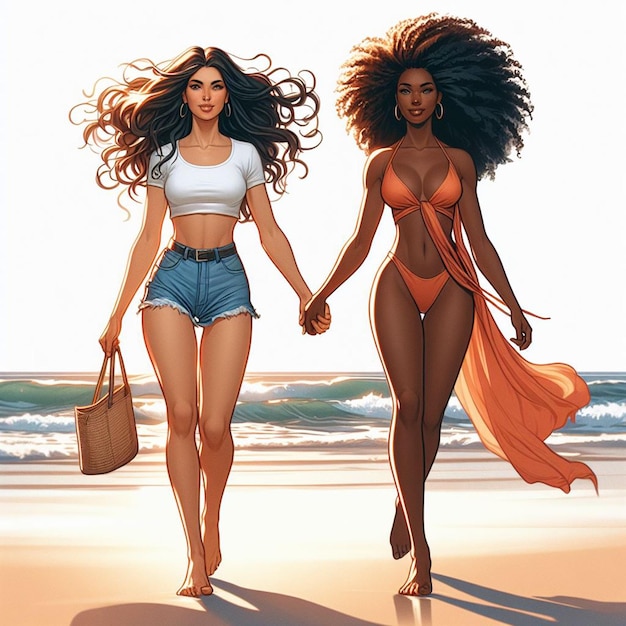 PSD hyper realistic vector art 2 girls donne felici diversità etnica vanno mano nella mano amici al tramonto sulla spiaggia