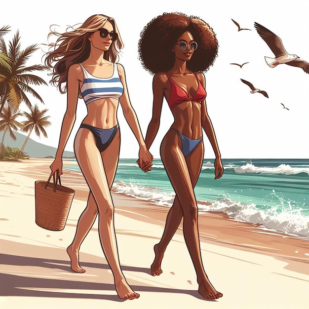 PSD hyper realistic vector art 2 girls donne felici diversità etnica vanno mano nella mano amici al tramonto sulla spiaggia