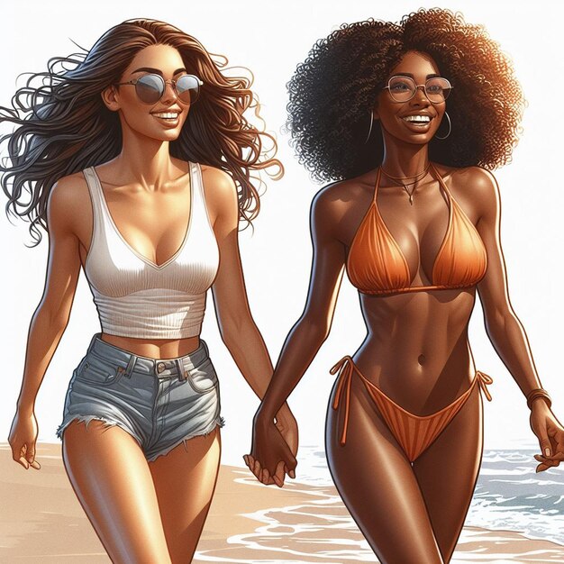 PSD hyper realistic vector art 2 girls donne felici diversità etnica vanno mano nella mano amici al tramonto sulla spiaggia