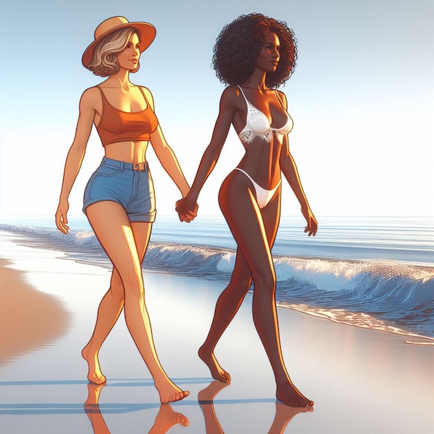 Hyper realistic vector art 2 girls donne felici diversità etnica vanno mano nella mano amici al tramonto sulla spiaggia