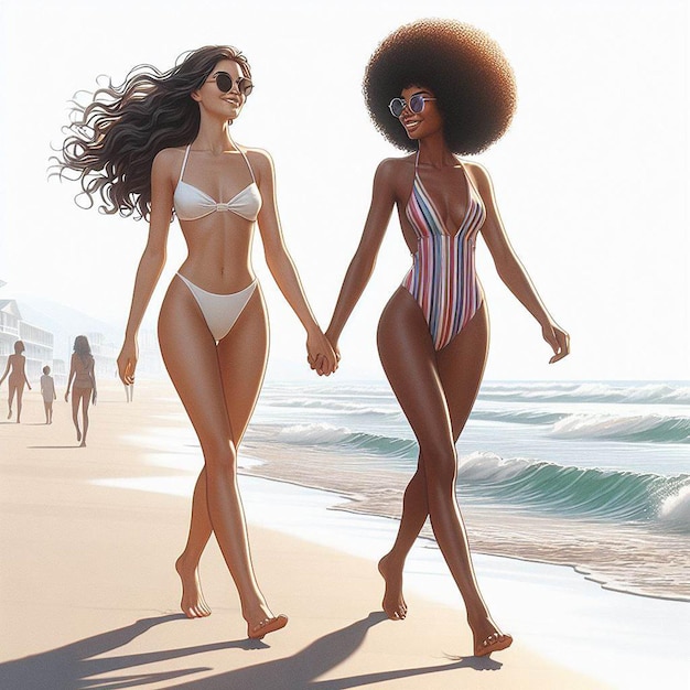 PSD hyper realistic vector art 2 girls donne felici diversità etnica vanno mano nella mano amici al tramonto sulla spiaggia