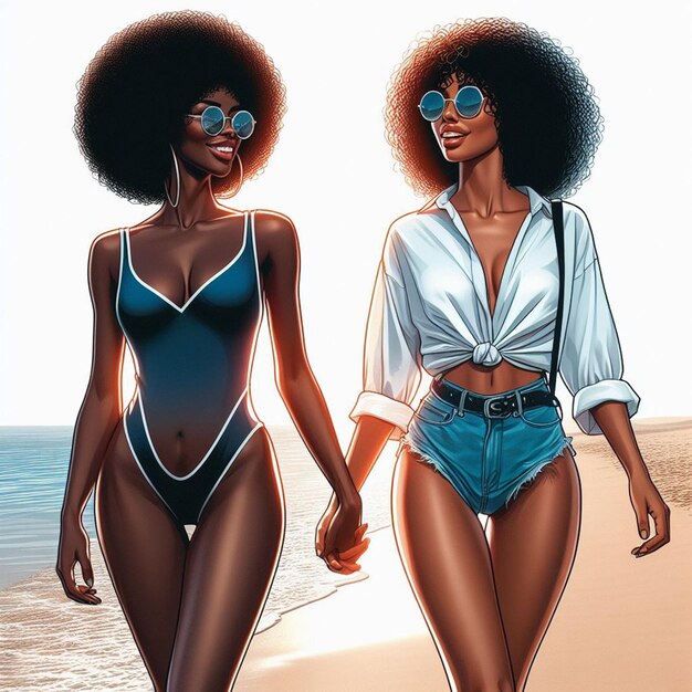 PSD hyper realistic vector art 2 girls donne felici diversità etnica vanno mano nella mano amici al tramonto sulla spiaggia