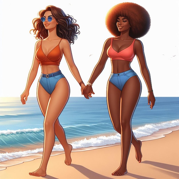 Hyper realistic vector art 2 girls donne felici diversità etnica vanno mano nella mano amici al tramonto sulla spiaggia