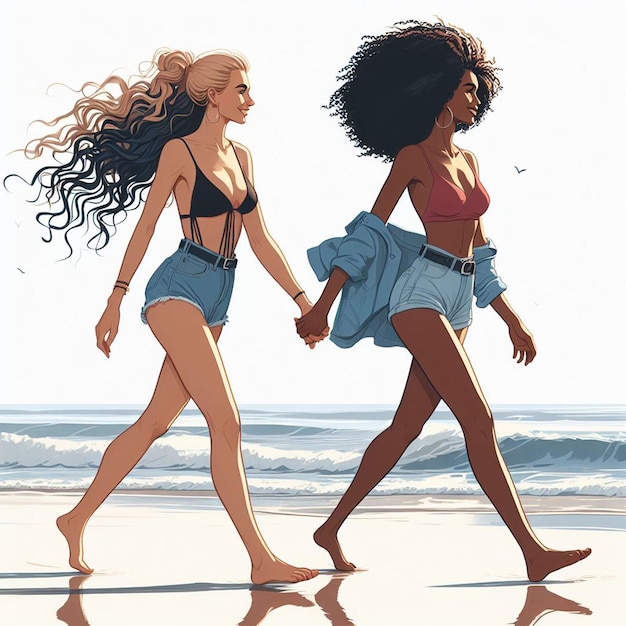 Hyper realistic vector art 2 girls donne felici diversità etnica vanno mano nella mano amici al tramonto sulla spiaggia