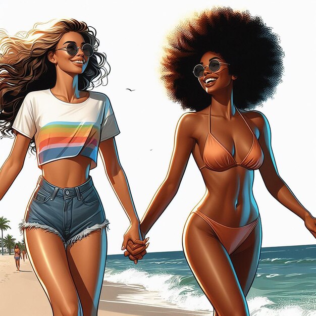 Hyper realistic vector art 2 girls donne felici diversità etnica vanno mano nella mano amici al tramonto sulla spiaggia