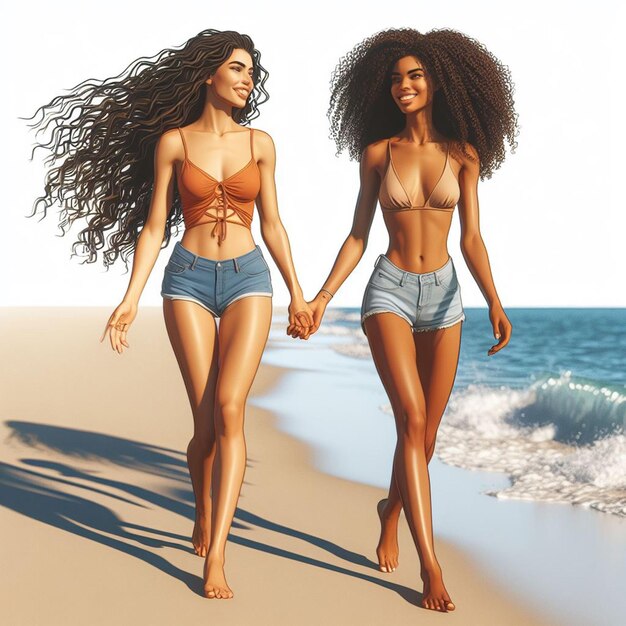 PSD hyper realistic vector art 2 girls women happy diversity ethnic go hand in hand beach sunset friends