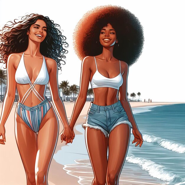 PSD hyper realistic vector art 2 girls donne felici diversità etnica vanno mano nella mano amici al tramonto sulla spiaggia