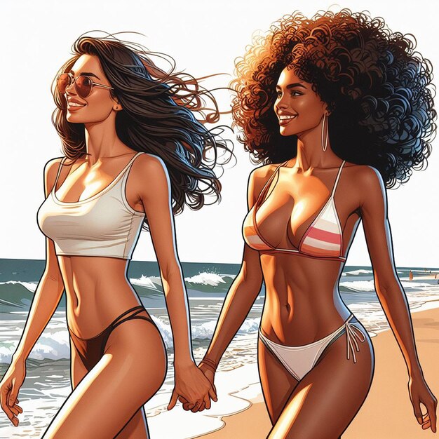 Hyper realistic vector art 2 girls donne felici diversità etnica vanno mano nella mano amici al tramonto sulla spiaggia