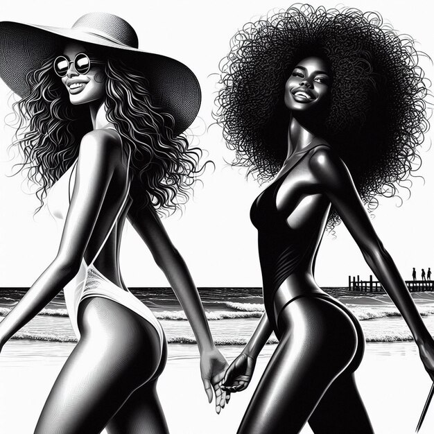 PSD hyper realistic vector art 2 girls donne felici diversità etnica vanno mano nella mano amici al tramonto sulla spiaggia