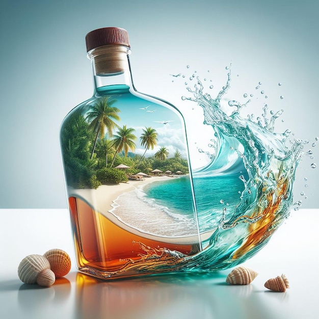 PSD hyper realistic vector art caribbean message in a bottle beach scene sunset palmtrees wallpaper