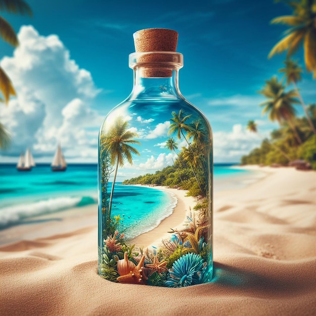 Hyper realistic vector art caribbean message in a bottle beach scene sunset palmtrees wallpaper