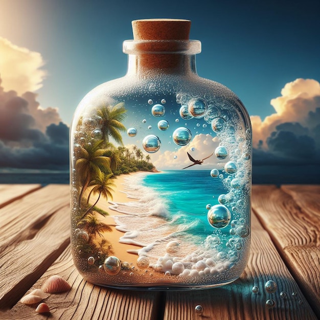 PSD arte vettoriale iperrealistica caraibica messaggio in una bottiglia scena di spiaggia tramonto palme carta da parati