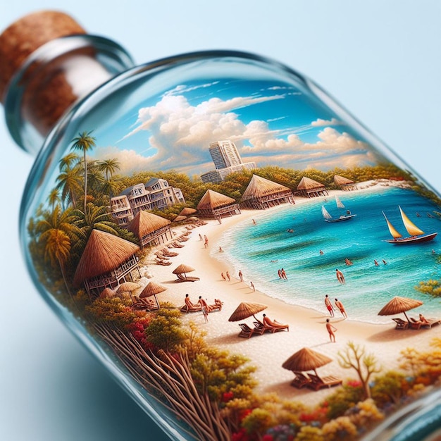 PSD Гиперреалистическое векторное искусство карибского бассейна сообщение в бутылке пляжная сцена закат пальмы обои