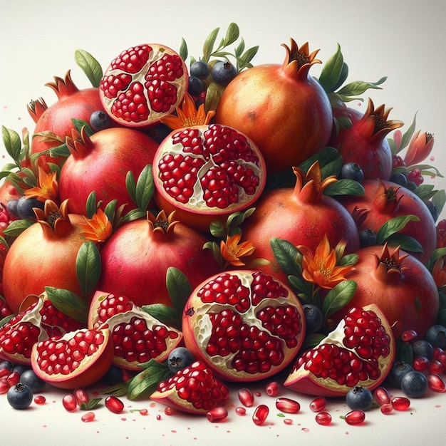 PSD hyper realistic vector art fruity fresh pomegranate isolated on white backdrop illustration still