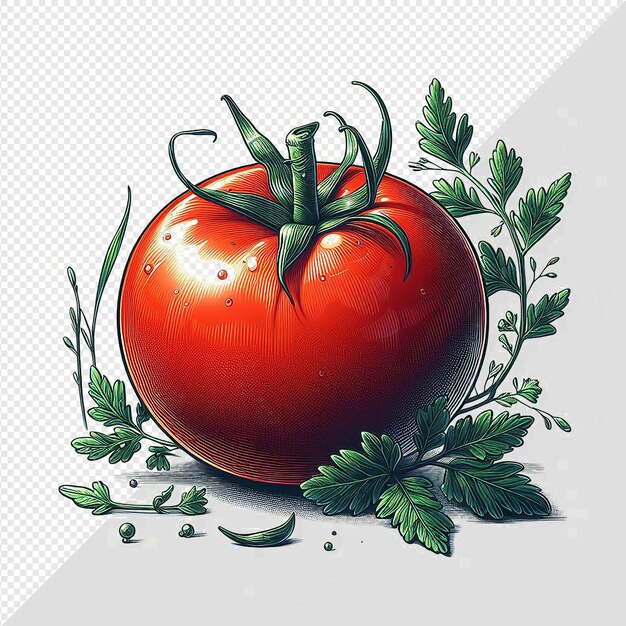 PSD hyper realistic vector art illustration of red tasty veggie tomato isolated transparent background