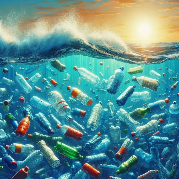 PSD hyper realistic vector art marine waste plastic pollution sea dump trash ugly climate