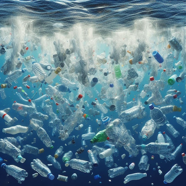 PSD hyper realistic vector art marine waste plastic pollution sea dump trash ugly climate