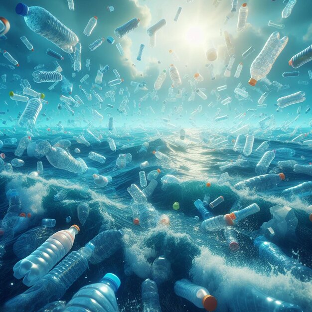 Hyper realistic vector art marine waste plastic pollution sea dump trash ugly climate