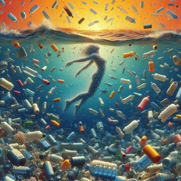 PSD hyper realistic vector art marine waste plastic pollution sea dump trash ugly climate