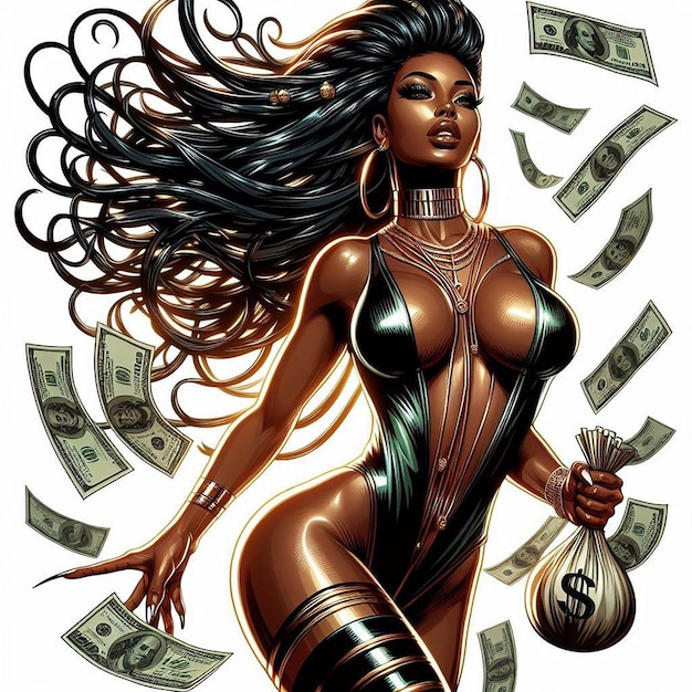 PSD hyper realistic vector art bella donna bikini shopping queen spreco di soldi carta da parati dollaro