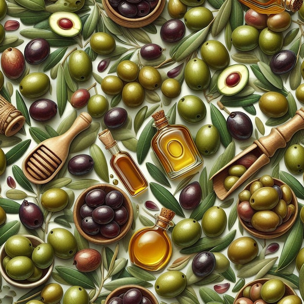 Hyper realistic vector art seamless fresh tasty olives olive fruits pattern texture backdrop icons