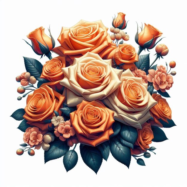 Hyper realistic vector art trendy festive orange bouquet neon colored roses flowers isolated black