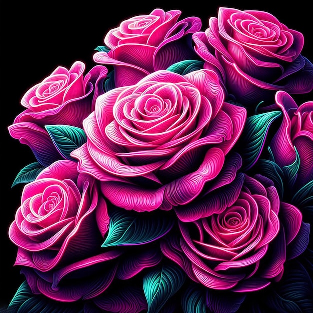 PSD hyper realistic vector art trendy festive pink bouquet neon colored roses flowers isolated black