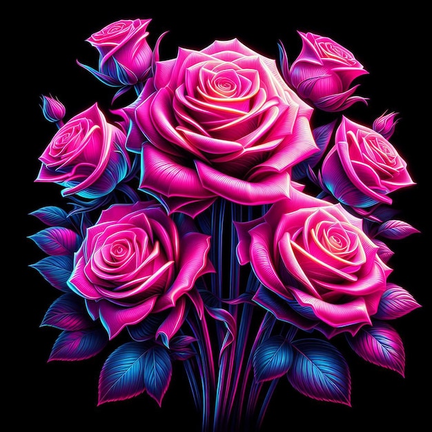 PSD hyper realistic vector art trendy festive pink bouquet neon colored roses flowers isolated black