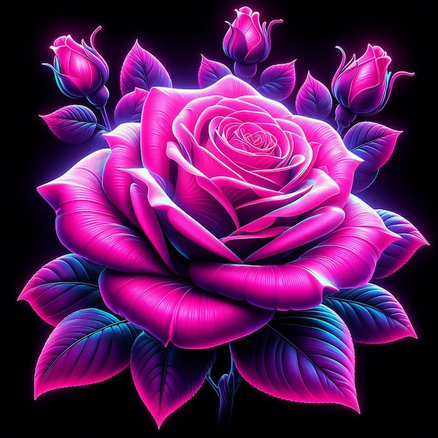 PSD hyper realistic vector art trendy festive pink bouquet neon colored roses flowers isolated black