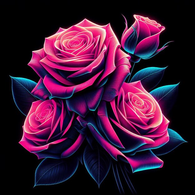 PSD hyper realistic vector art trendy festive pink bouquet neon colored roses flowers isolated black