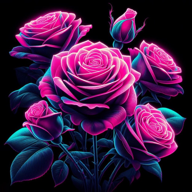 PSD ハイパーリアリスティックなベクトルアート トレンディな祝日ピンクの花束 ネオン色のバラ 花が孤立した黒