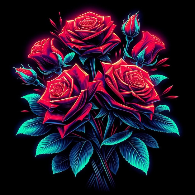 PSD hyper realistic vector art trendy festive red bouquet neon colored roses flowers isolated black