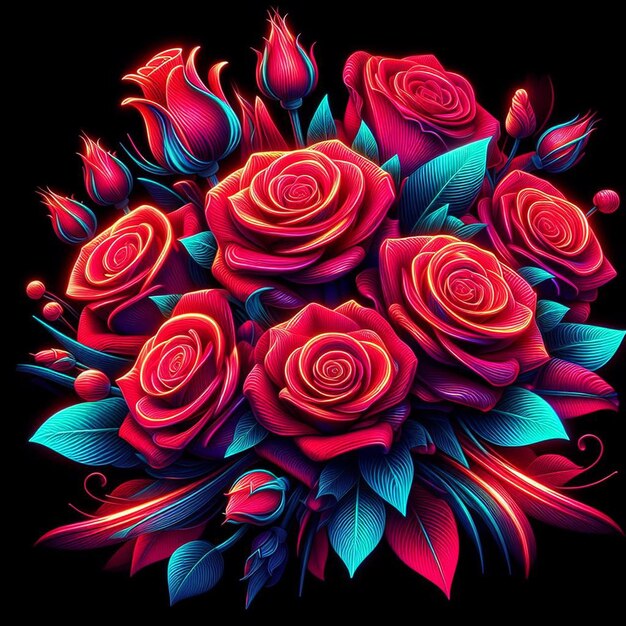 PSD arte vettoriale iperrealistica di tendenza bouquet rosso festivo a neon rose colorate fiori isolati neri