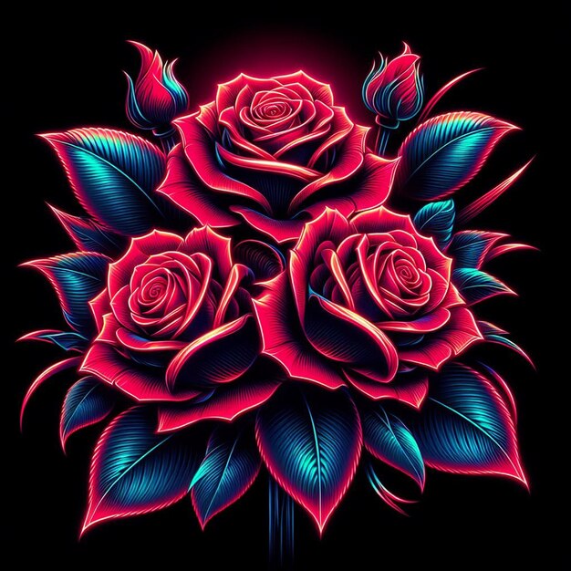 PSD hyper realistic vector art trendy festive red bouquet neon colored roses flowers isolated black