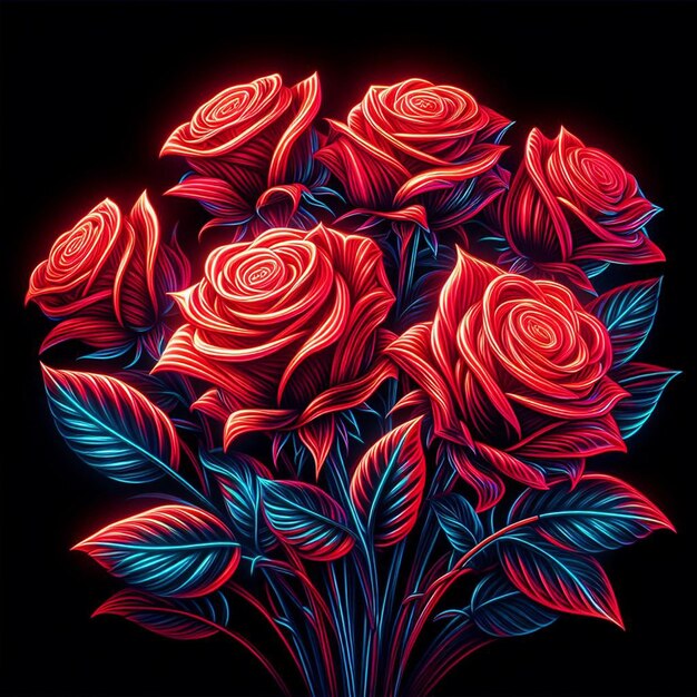 PSD hyper realistic vector art trendy festive red bouquet neon colored roses flowers isolated black