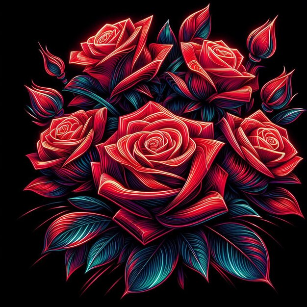 PSD hyper realistic vector art trendy festive red bouquet neon colored roses flowers isolated black