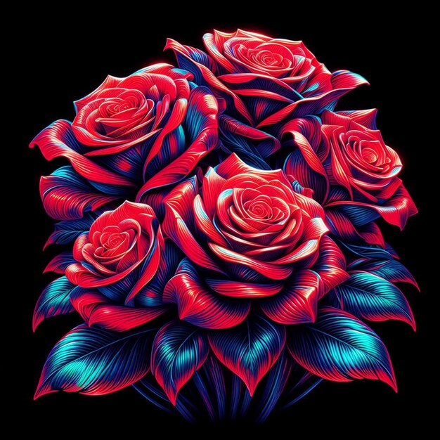 PSD hyper realistic vector art trendy festive red bouquet neon colored roses flowers isolated black