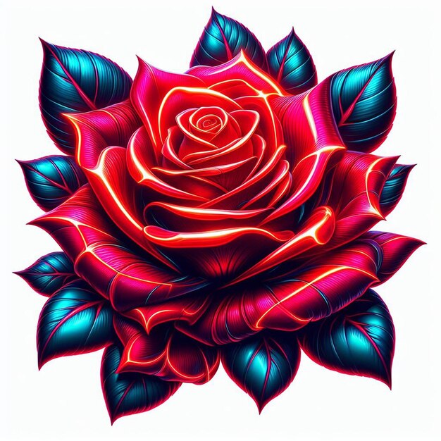 Hyper realistic vector art trendy festive red bouquet neon colored roses flowers isolated black