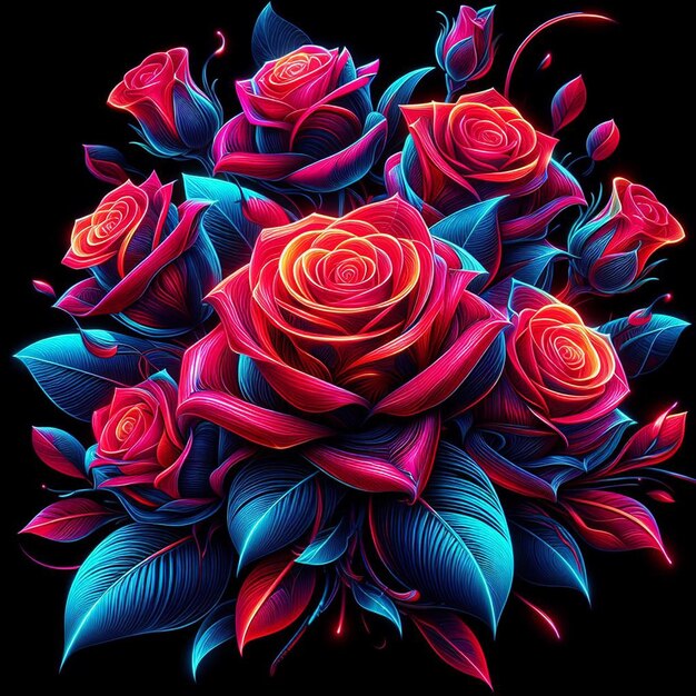 PSD hyper realistic vector art trendy festive red bouquet neon colored roses flowers isolated black