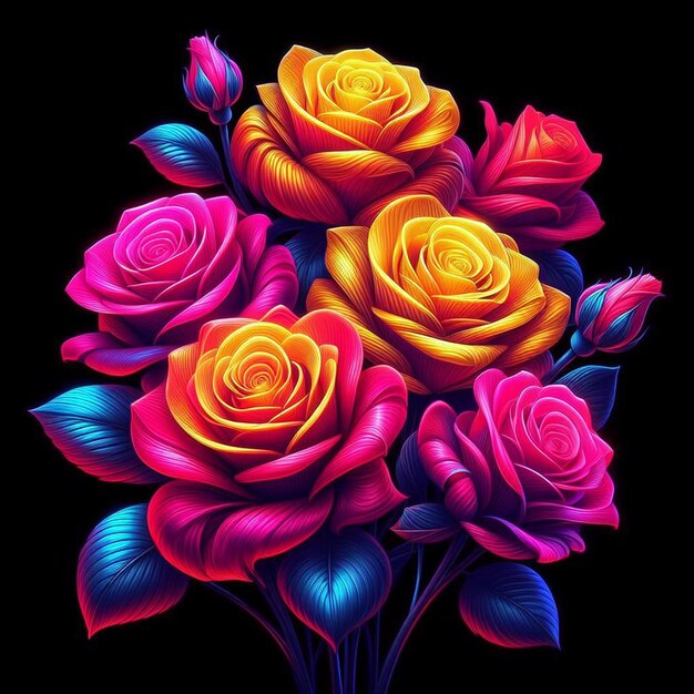 PSD hyper realistic vector art trendy festive red bouquet neon colored roses flowers isolated black