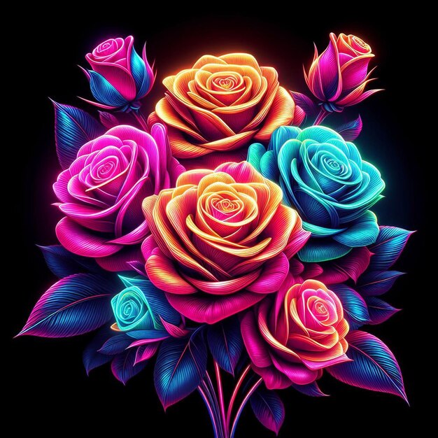 PSD hyper realistic vector art trendy festive red bouquet neon colored roses flowers isolated black