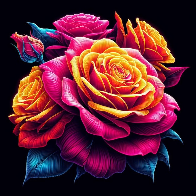 PSD hyper realistic vector art trendy festivo bouquet rosso neon rose colorate fiori isolati nero