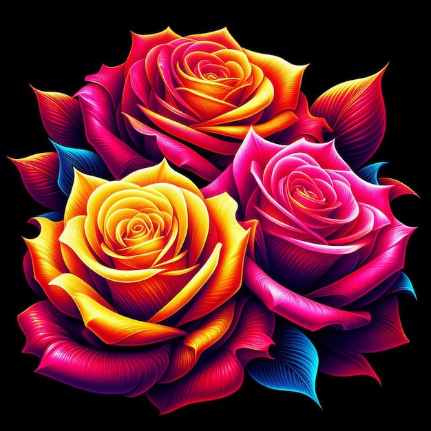 PSD hyper realistic vector art trendy festive red bouquet neon colored roses flowers isolated black