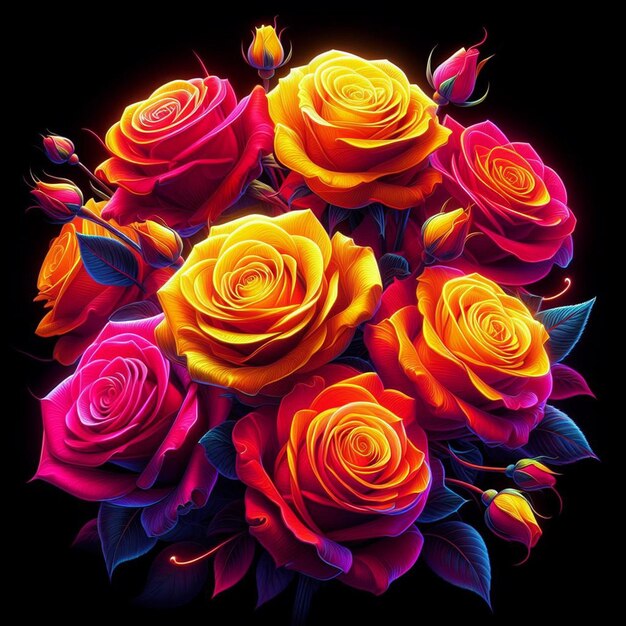 PSD hyper realistic vector art trendy festive red bouquet neon colored roses flowers isolated black