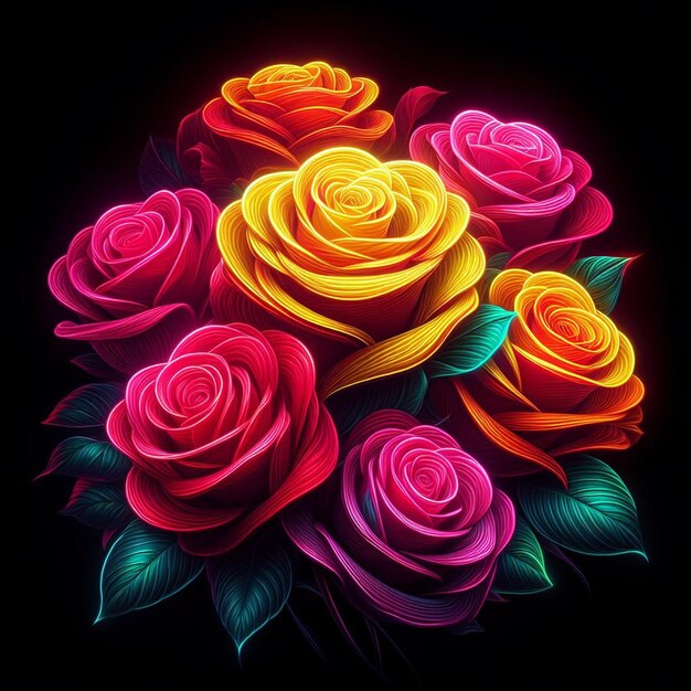 PSD hyper realistic vector art trendy festive red bouquet neon colored roses flowers isolated black