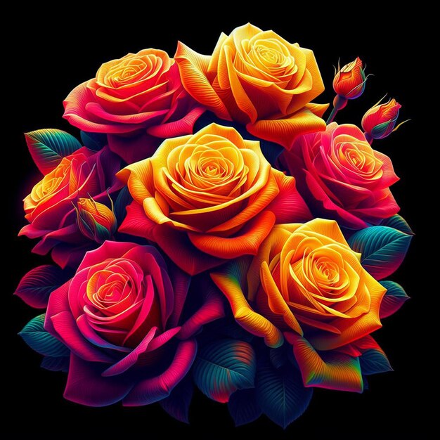 PSD hyper realistic vector art trendy festive red bouquet neon colored roses flowers isolated black