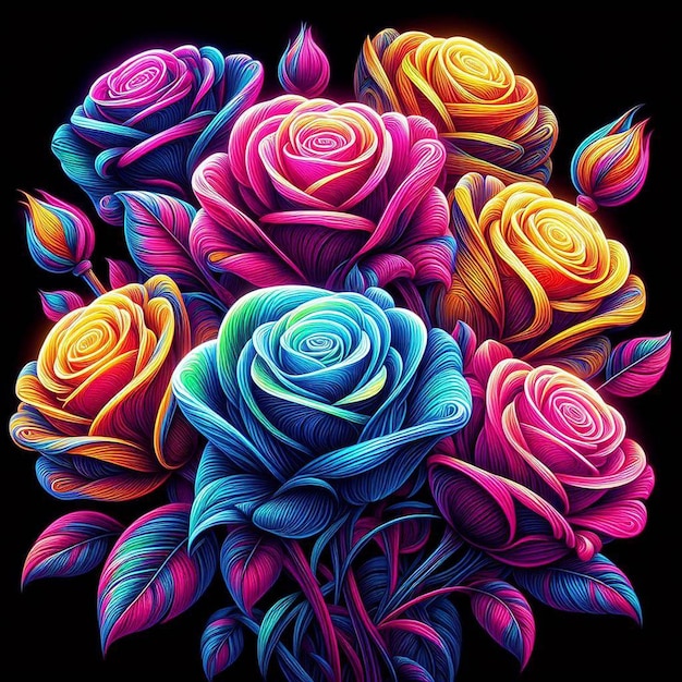 PSD hyper realistic vector art trendy festive red bouquet neon colored roses flowers isolated black