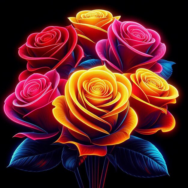 PSD hyper realistic vector art trendy festive red bouquet neon colored roses flowers isolated black