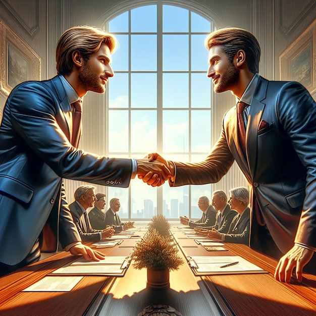 PSD hyper realistic vector art trendy golden handshake success office business man ceo negotiation