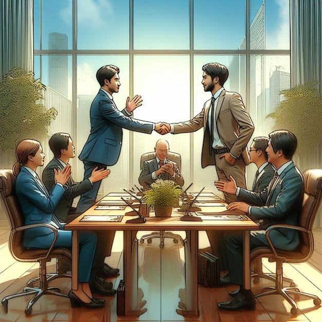 PSD hyper realistic vector art trendy golden handshake success office business man ceo negotiation